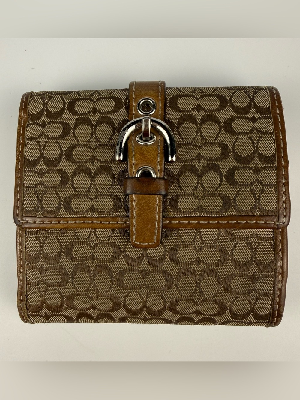 Vintage Y2K Coach Soho Buckle Bifold Tan Leather Wallet Signature C Canvas